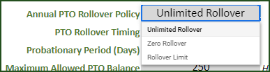 PTO Rollover Policy Settings – Zero Rollover, Rollover Limit, Unlimited Rollover