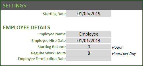 Settings – Employee Details and Start Date
