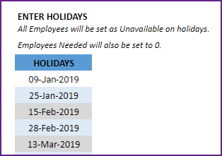 Enter list of Holidays in company
