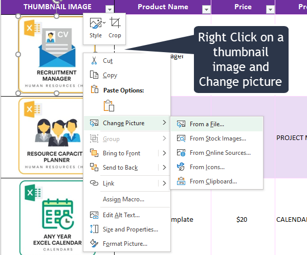 Small business Digital Catalog Excel Template - Changing thumbnail image of a product