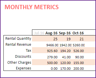 Monthly Metrics in table format – Rental Quantity, Revenue, Charges, Discounts and Expenses