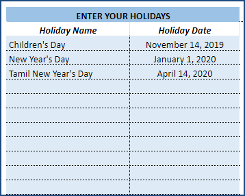 Attendance Register Format in Google Sheet – Enter Holidays