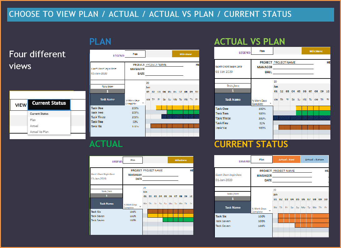 Gantt Chart Maker Google Sheet Template - 4 Views Plan, Actual, Actual Vs Plan, Current Status