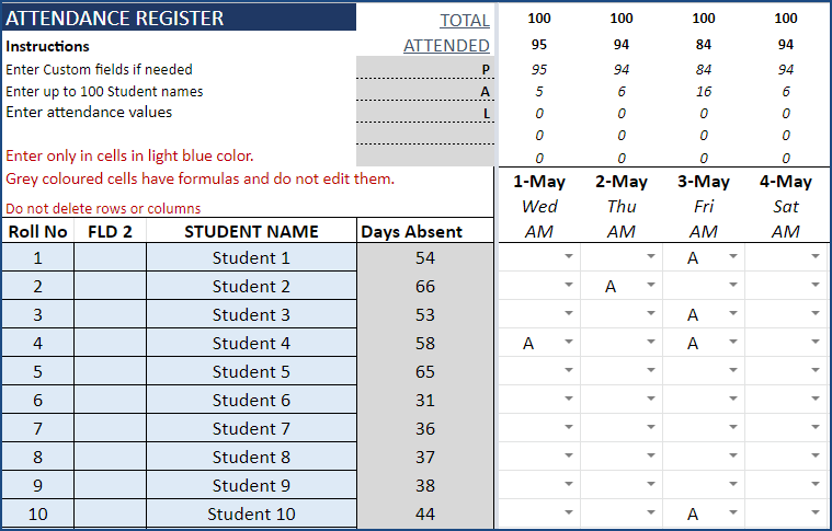 Student Attendance Register Format in Google Sheets