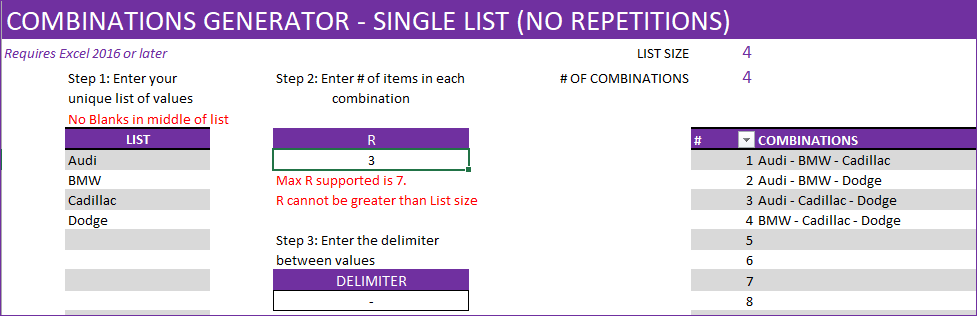 Combination Generator Excel Template - Example - Single List 4 items 3