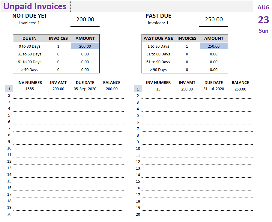Unpaid Report - Unpaid Invoices - Finance Manager Excel template