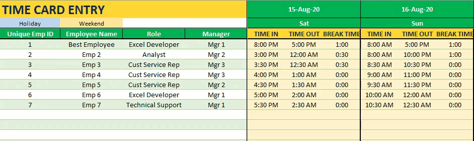 Time Card Entry - Sample - Excel Template