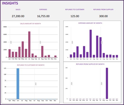 Small Business Finance Manager Google Sheet Template – Insights – Sales and Expense Trends