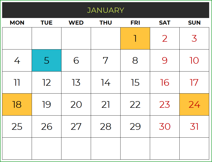 2021 Calendar Template – Monthly – January 2021