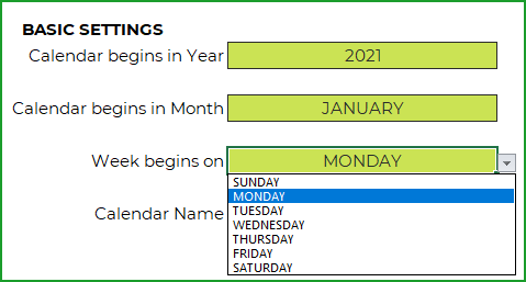 Start Week from any day - Calendar template 2021 excel