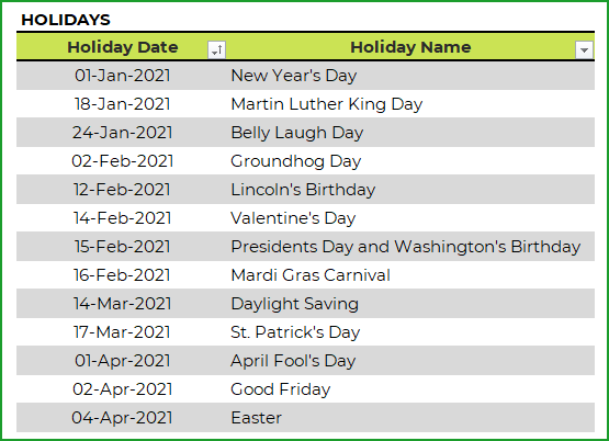 Enter Holidays for 2021 Calendar