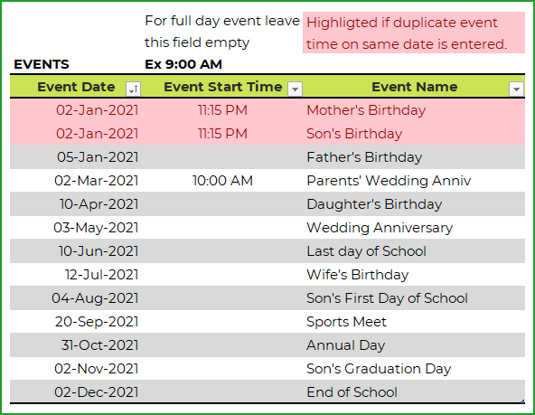 Enter events to display on the calendar