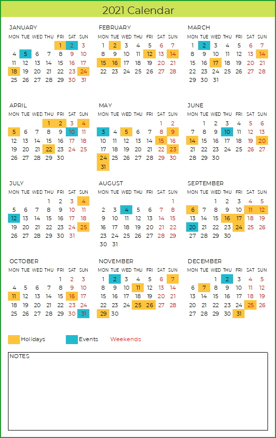 2021 Calendar Design 1 – 1 Page 12 Months – 4 X 3