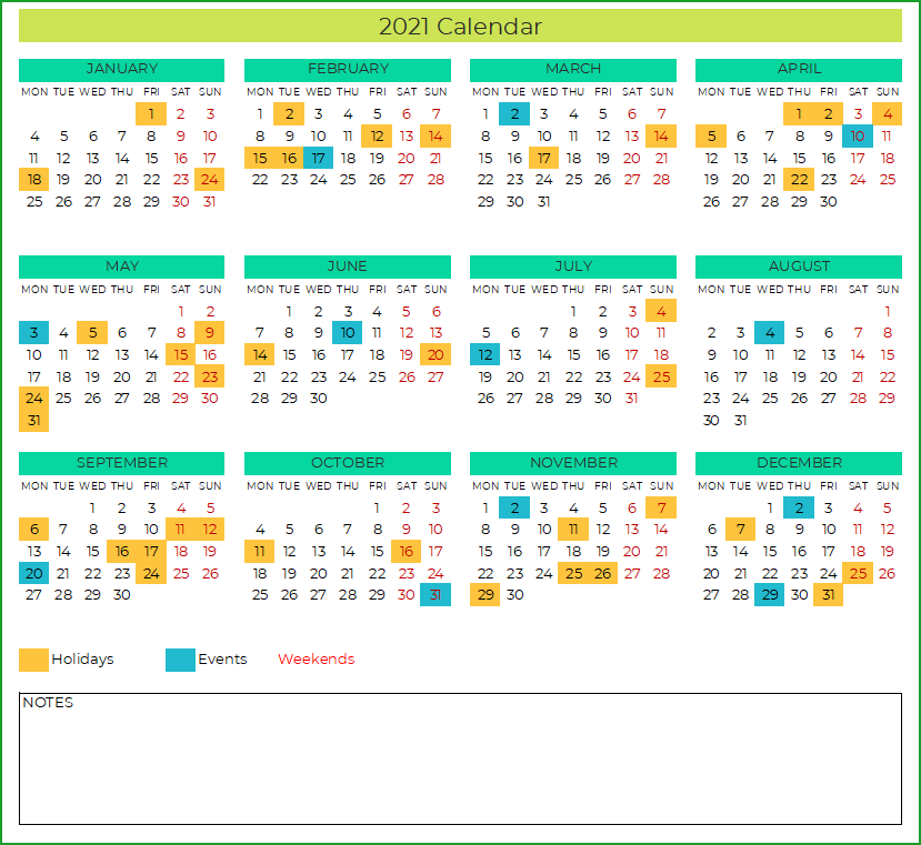 2021 Calendar Design 2 – 1 Page 12 Months – 3 X 4