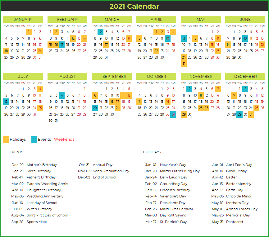 2021 Calendar Design 3 – 1 Page 12 Months – 2 X 6