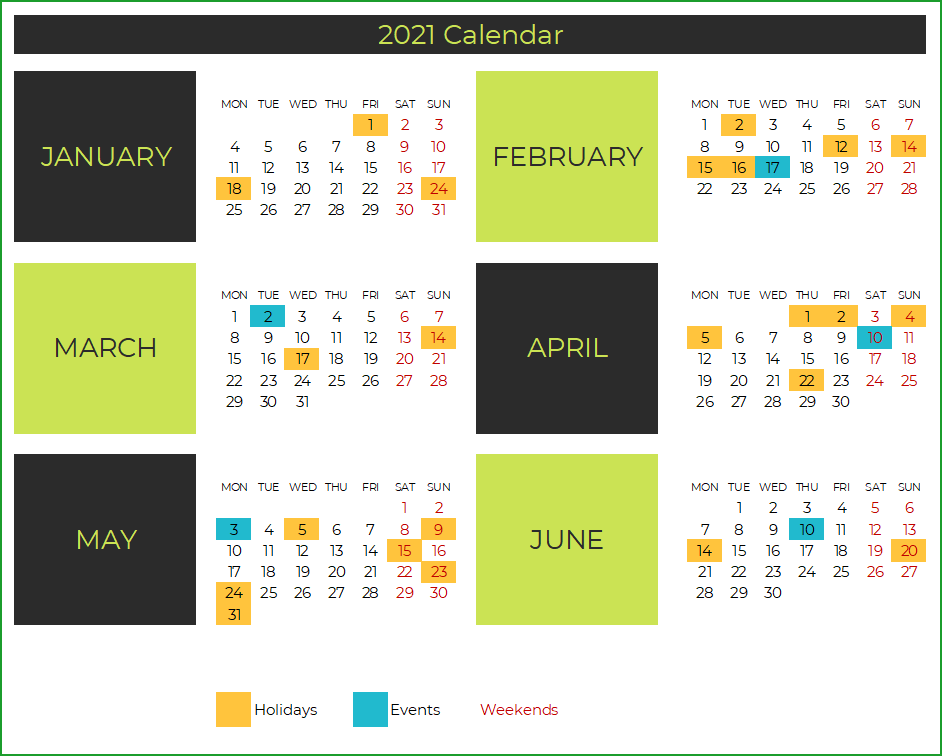 2021 Calendar Design 13 – 2 Pages - 6 Months each