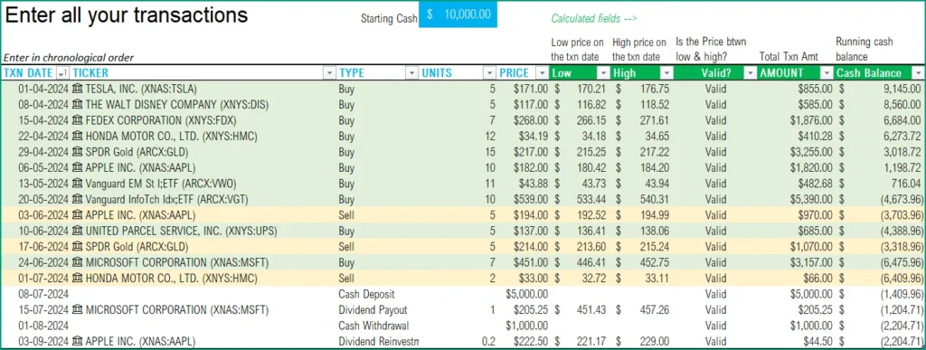 Entering Stock transactions in Excel (click to view in full size)