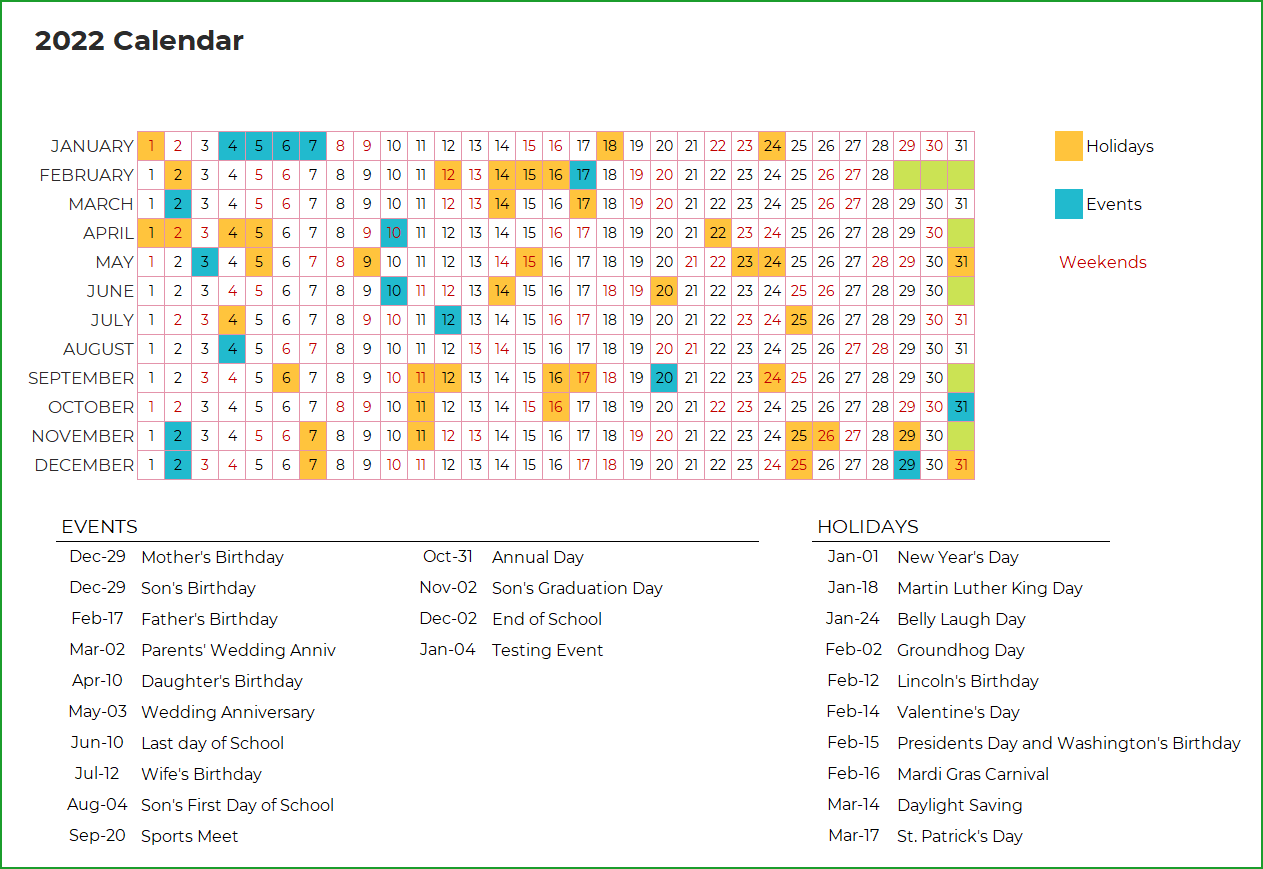 Ms Excel Calendar Template 2022