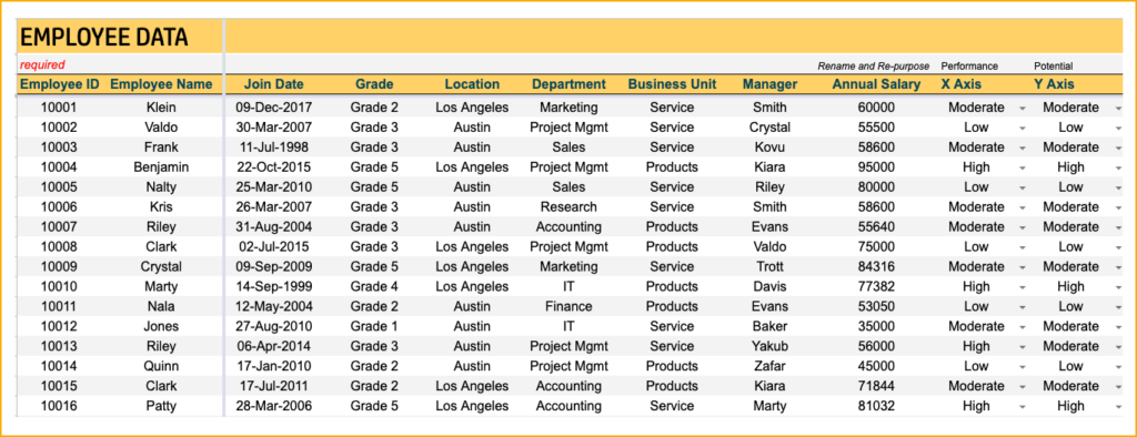 9 Box Grid Talent Management Google Sheet Template - Enter Employee Data
