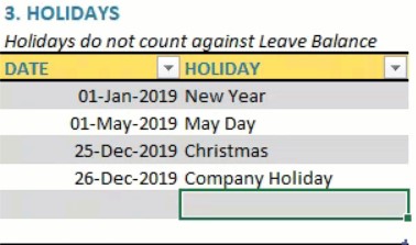 Employee Leave Manager Google Sheet template - Choose Holidays