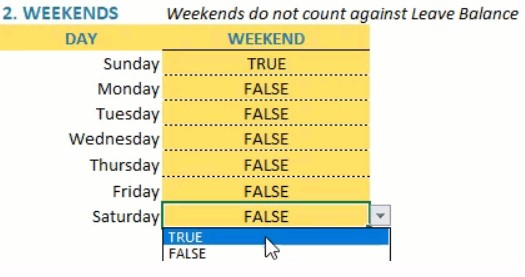 Employee Leave Manager Google Sheet template - Choose Weekends
