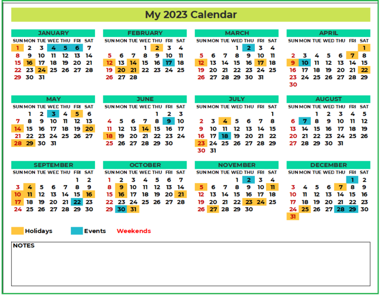 Excel Calendar 2023 with 23 designed layouts - Free Download