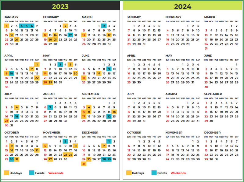 Excel Calendar 2023 with 23 designed layouts - Free Download