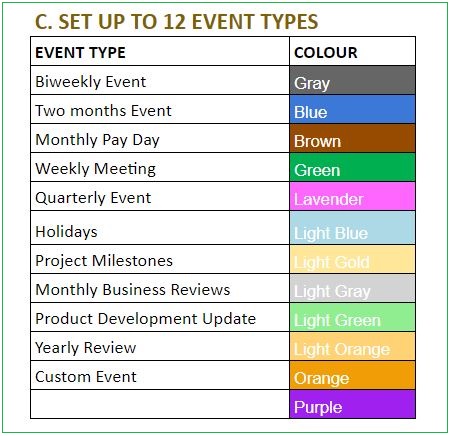 Google Sheet Calendar Template - Event Types and Event Colors