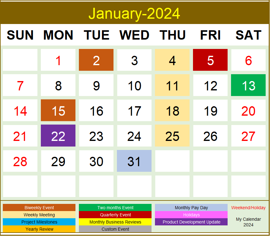 Google Sheet Calendar Template 2024 - Monthly Calendar