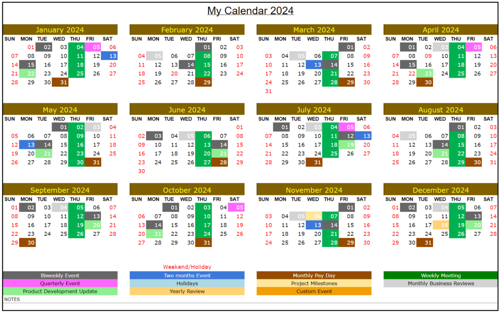 Google Sheet Calendar Template 2024 - Yearly Calendar