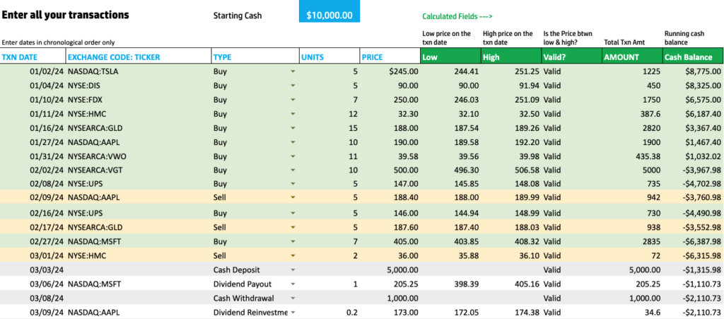 Entering Stock transactions in Google Sheets