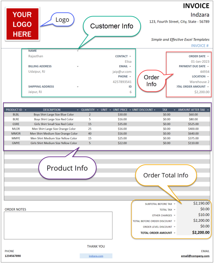 Sections of the Invoice - Inventory and Sales Manager Google Sheet Template