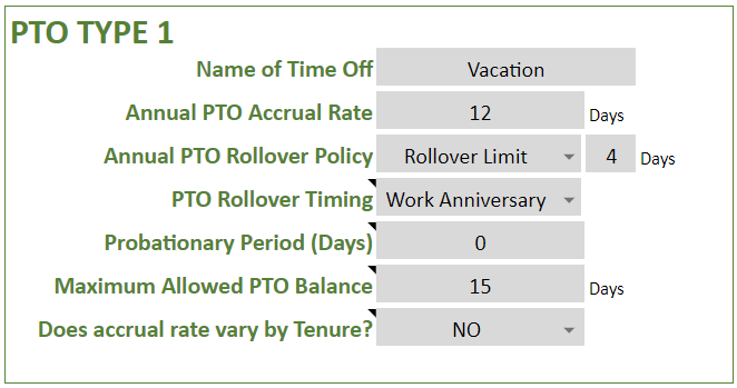 PTO Policy PTO Type 1 Settings - Sample Illustration - Monthly