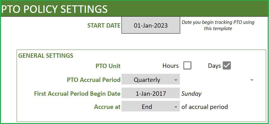 PTO Policy General Settings - Sample Illustration