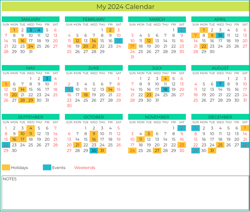 Free Calendar template for Google sheets 24 Different designs