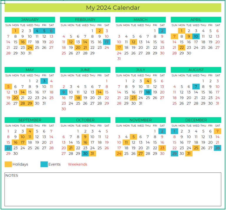 Excel Calendar 2024 with 24 designed layouts - Free Download
