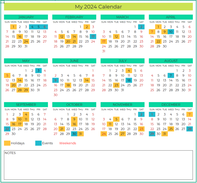 Excel Calendar 2024 with 24 designed layouts - Free Download