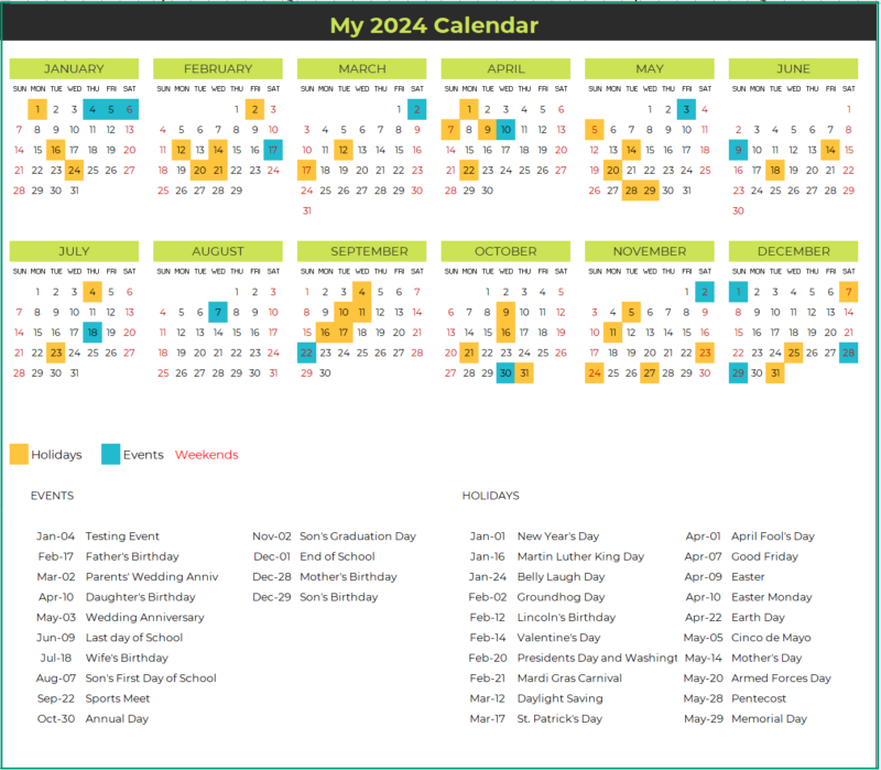 Excel Calendar 2024 with 24 designed layouts Free Download