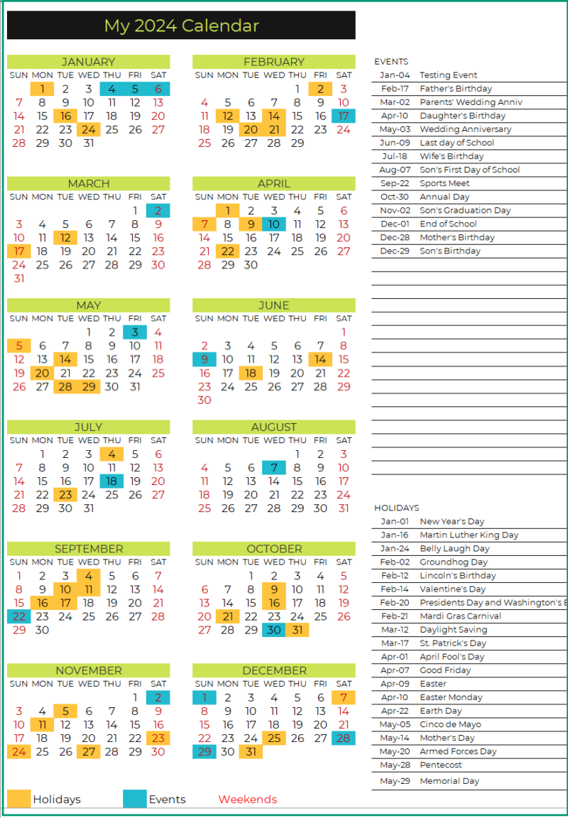 Excel Calendar 2024 with 24 designed layouts - Free Download