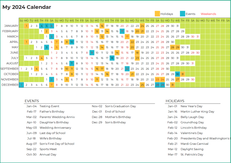 Excel Calendar 2024 with 24 designed layouts Free Download