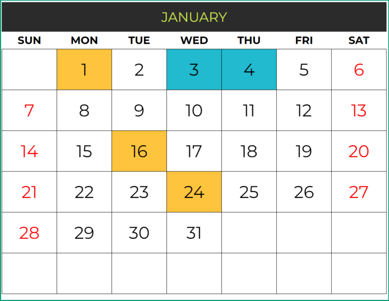 Free Calendar template for Google sheets - 24 Different designs