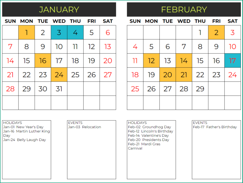 Free Calendar template for Google sheets 24 Different designs