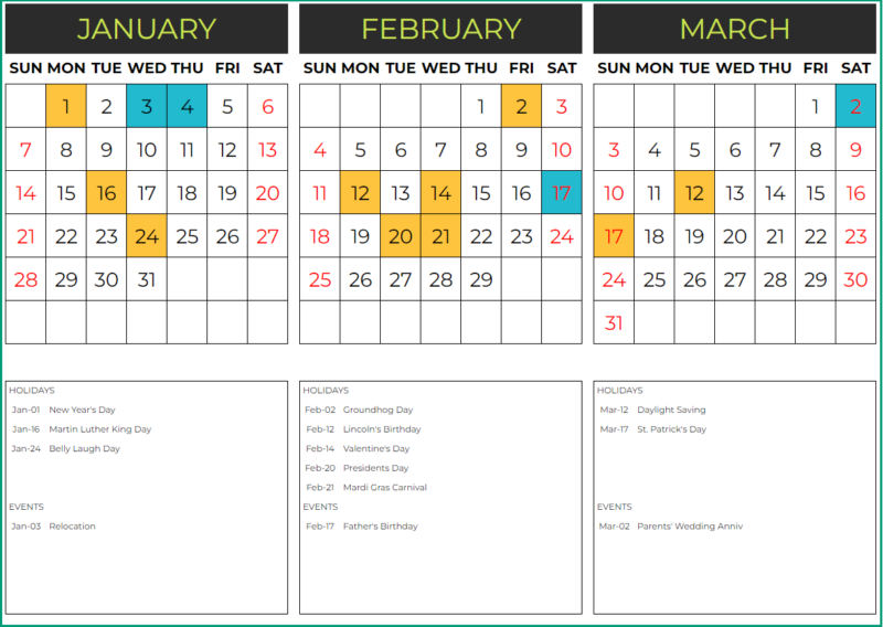 Free Calendar template for Google sheets 24 Different designs