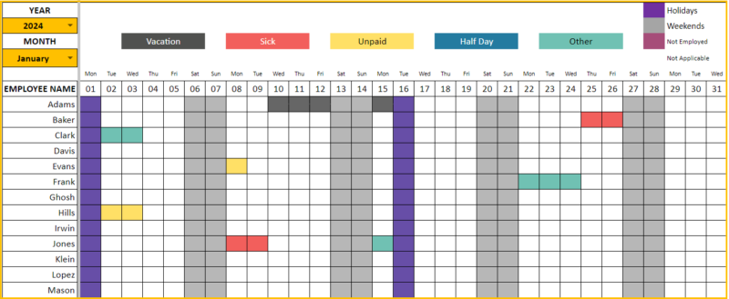 Employee Leave & Vacation Tracker Google Sheets Template 2024