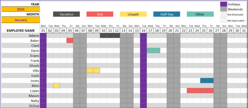 Employee Leave Tracker Excel Template 2024