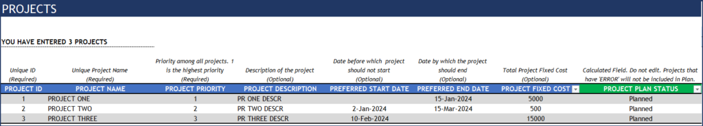 Project Planner Excel Template - Projects - Optional