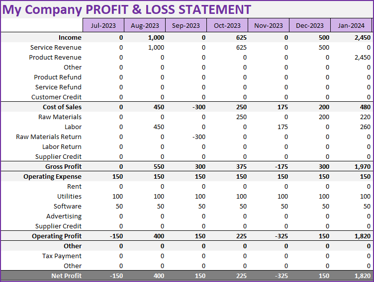 Profit and Loss or Income Statement - Small Business Finance Manager Excel Template