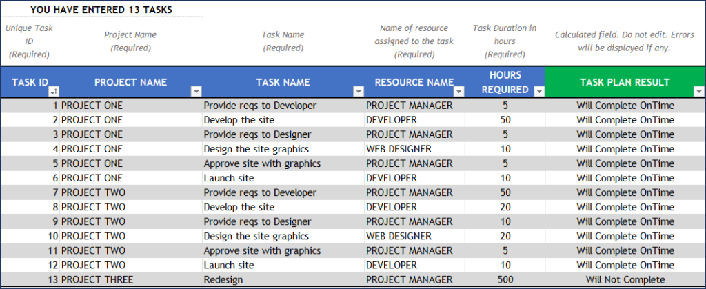 Project Planner Excel Template – Tasks