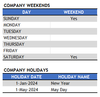 Project Planner (Advanced) Excel Template – Settings – Company Weekends and Holidays