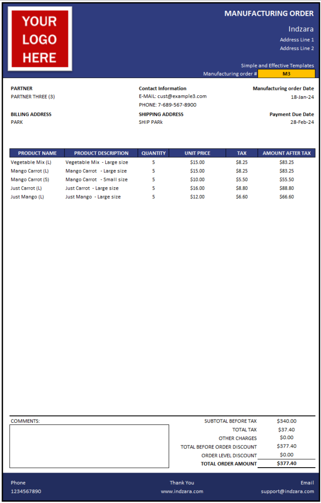 Manufacturing Inventory and Sales Manager - Excel Template - Invoice